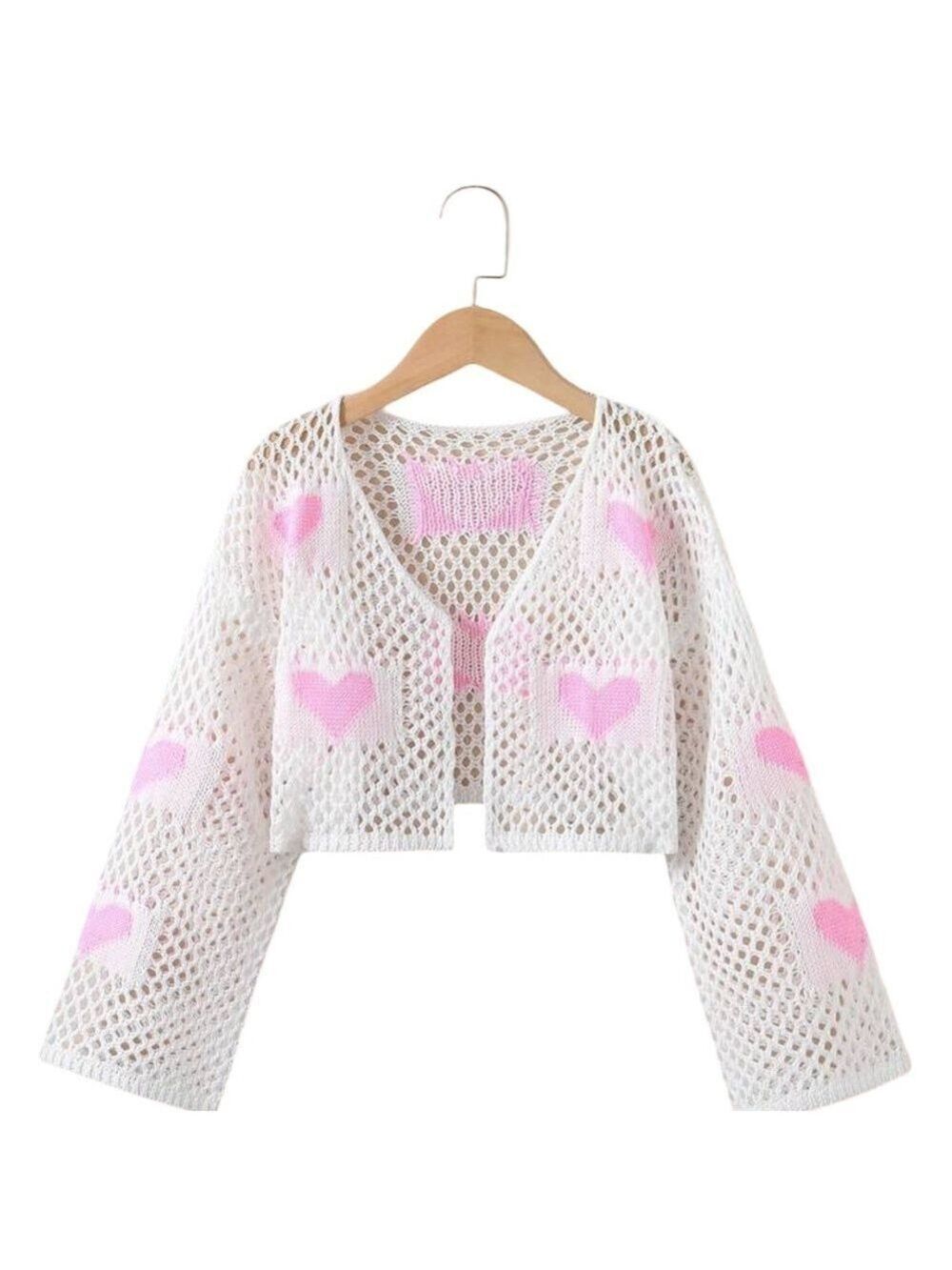 SHEIN White Knit Open Cardigan with Heart Design 11-12Y